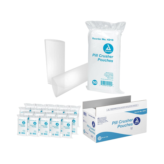 Dynarex 4210 pill crusher pouches and box on a clean white background