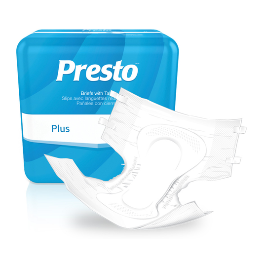 Presto Plus unisex full-fit briefs with current package and brief on a white background