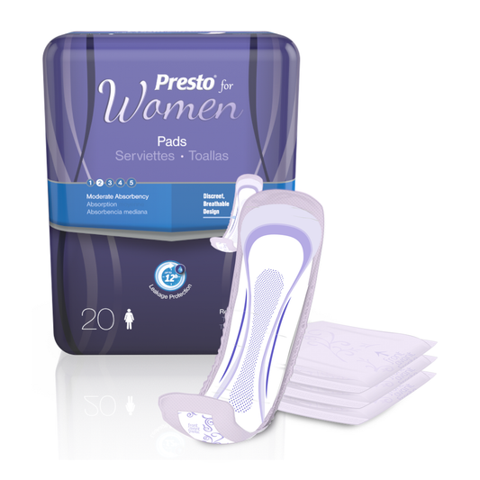 Presto for Women Moderate absorbency pads with current package and pad on a white background