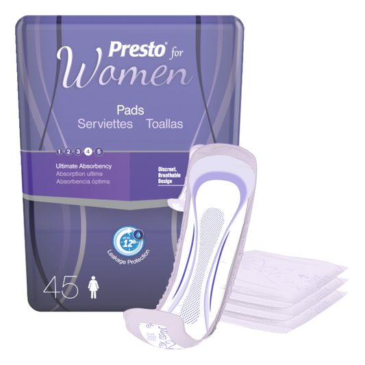 Presto for Women Ultimate absorbency pads with current package and pad on a white background