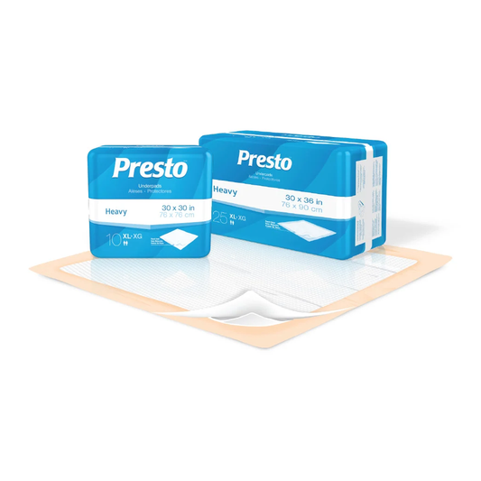 DRYLOCK TECHNOLOGIES Presto Heavy Disposable Underpads With OdorSecure® (DYLUPP39030, DYLUPP39040) on a white background