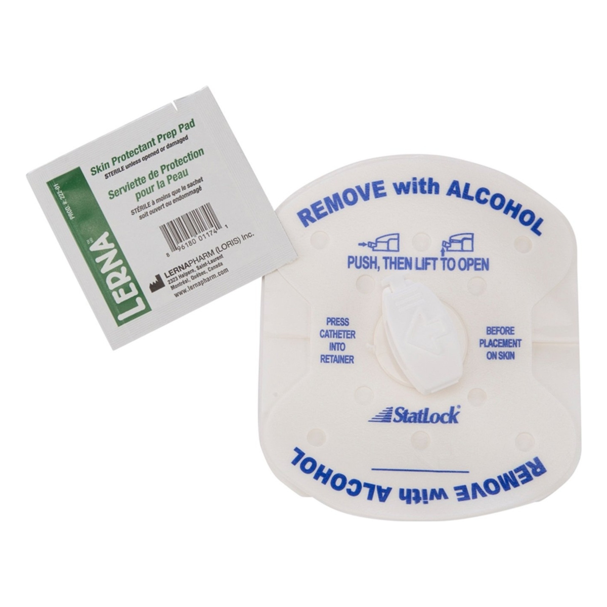 Bard StatLock Foley stabilization device and skin prep pad on a white background