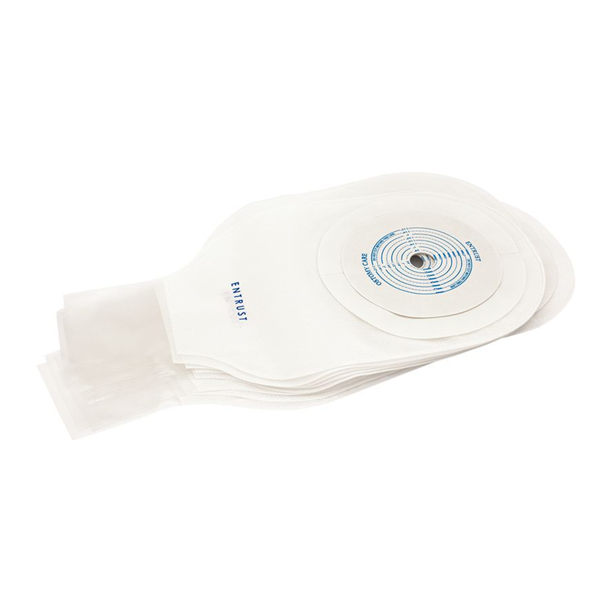 Fortis Entrust extended-wear one-piece drainable pouch, transparent with clip closure and no filter; exact FTS1200 family image. Opening size varies by selection.