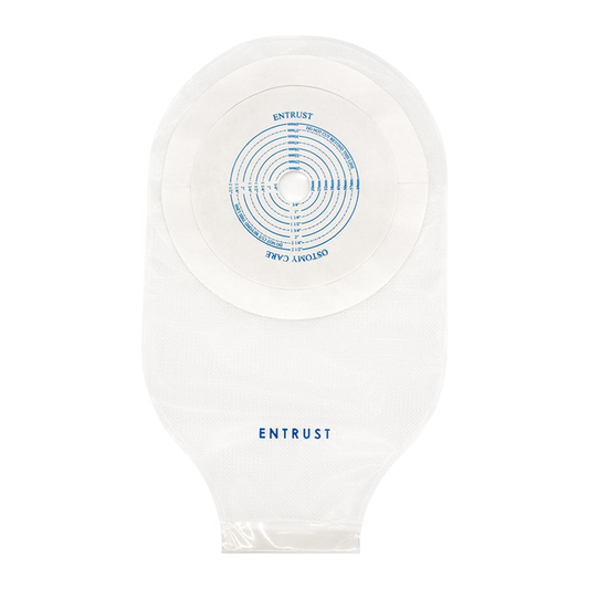 Fortis Entrust extended-wear one-piece drainable pouch, transparent with Velcro closure and no filter; exact FTS1200V product image.