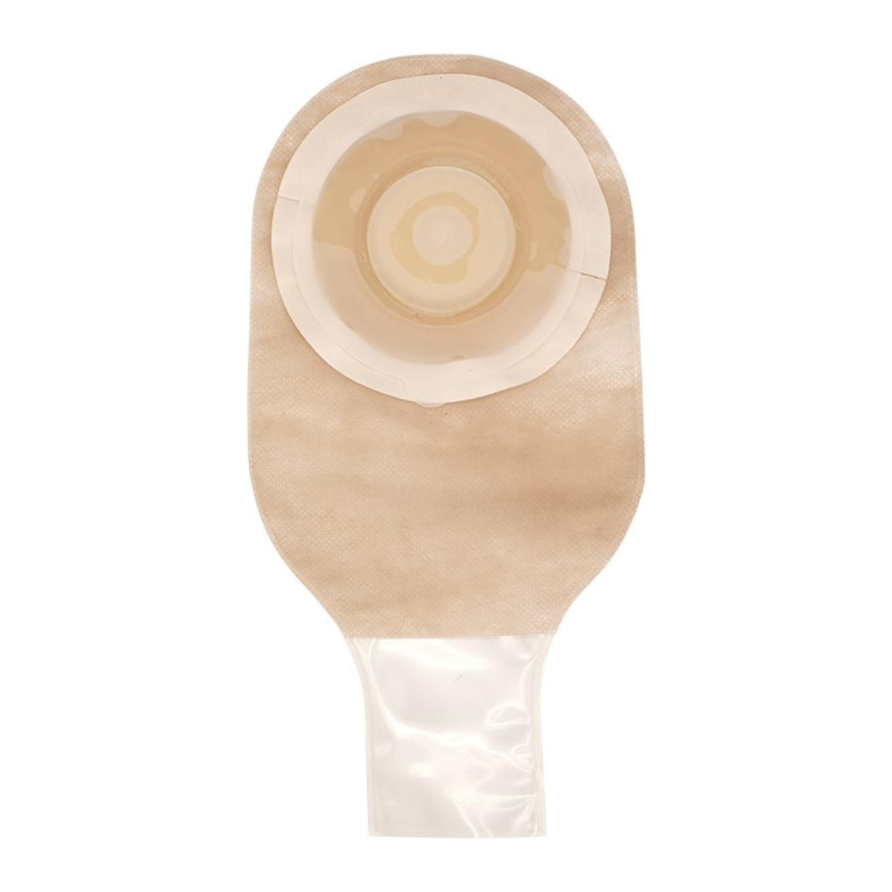 Fortis Entrust extended-wear convex one-piece drainable pouch, transparent with clip closure and no filter; exact FTS12034C family image. Opening size varies by selection.
