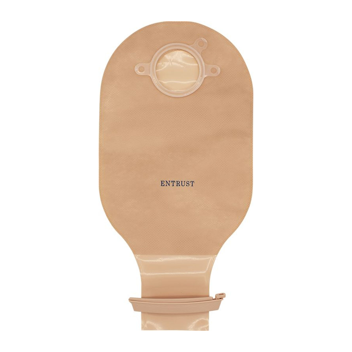 Fortis Entrust beige 12-inch two-piece drainable ostomy pouch with clip closure on a white background. Representative product view; flange size varies by selected SKU.