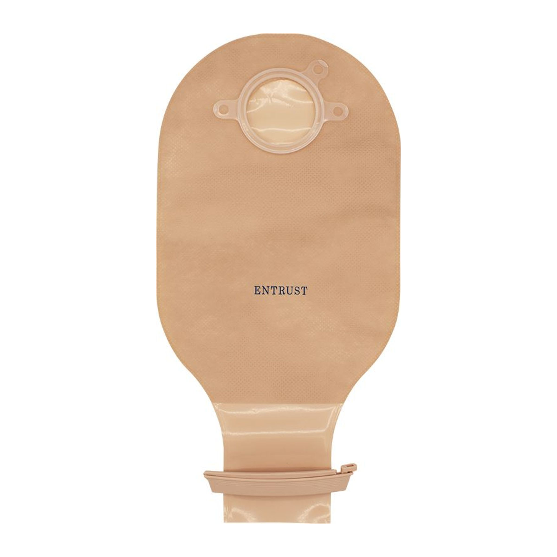 Fortis Entrust beige 12-inch two-piece drainable ostomy pouch with clip closure on a white background. Representative product view; flange size varies by selected SKU.