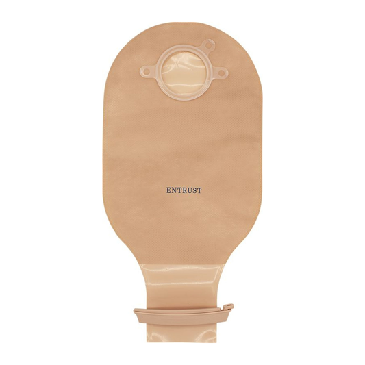 Fortis Entrust beige 12-inch two-piece drainable ostomy pouch with clip closure on a white background. Representative product view; flange size varies by selected SKU.