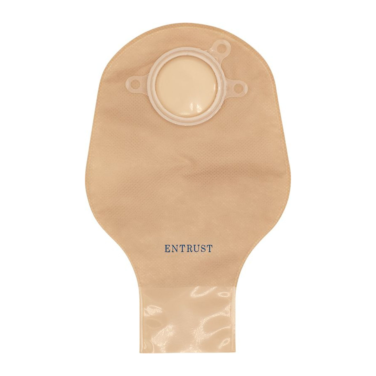 Fortis Entrust beige 9-inch two-piece drainable ostomy pouch with clip closure on a white background. Representative product view; flange size varies by selected SKU.