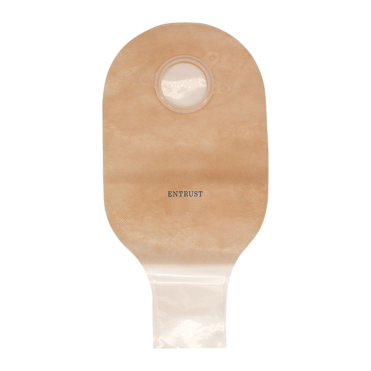 Fortis Entrust transparent 12-inch two-piece drainable ostomy pouch with clip closure on a white background. Representative product view; flange size varies by selected SKU.