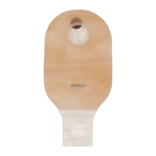 Fortis Entrust transparent 12-inch filtered two-piece drainable ostomy pouch with clip closure on a white background. Representative product view; flange size varies by selected SKU.