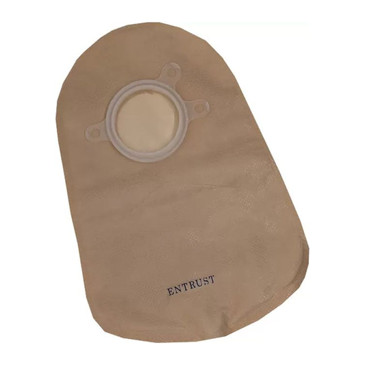 Fortis Entrust beige two-piece 8-inch closed-end pouch; flange size and charcoal-filter option selected by variant.
