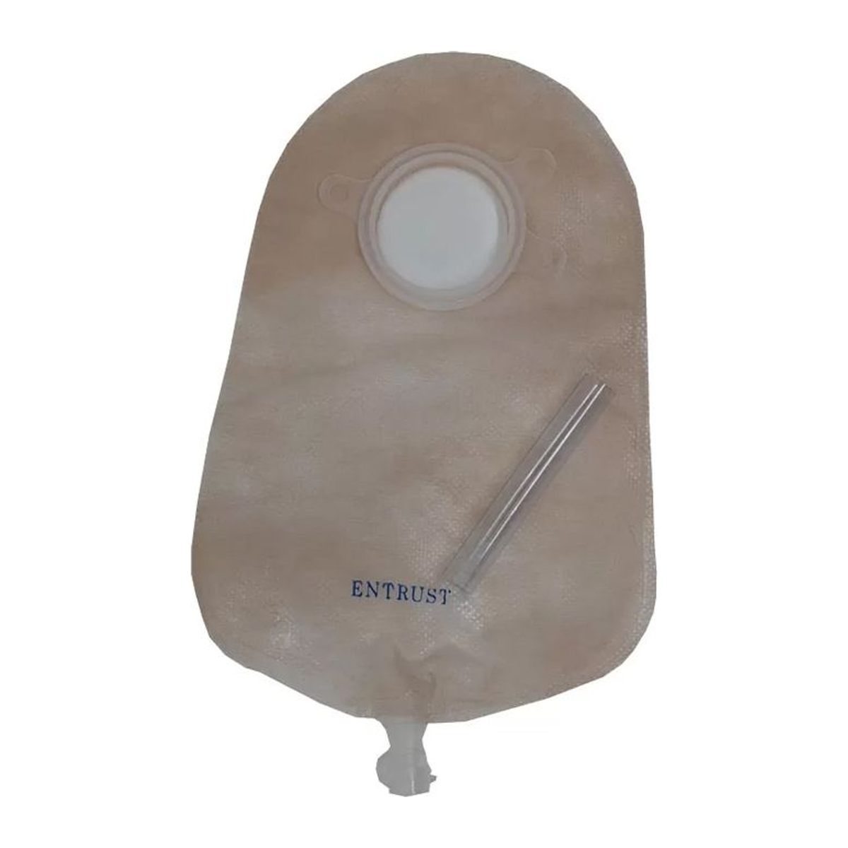 Fortis Entrust two-piece 9-inch urostomy pouch with drain and cap; representative beige family image, with color and flange size selected by variant.