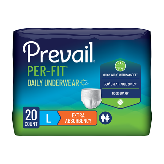 First Quality Prevail Per-Fit Protective Underwear - Extra Absorbency - Unisex - White (FQPF512, FQPF513) on a white background