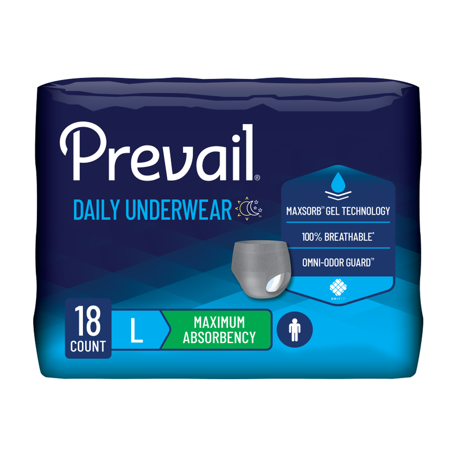 First Quality Prevail for Men Protective Underwear - Maximum Absorbency - White (FQPPUM5121, FQPPUM5131) on a white background