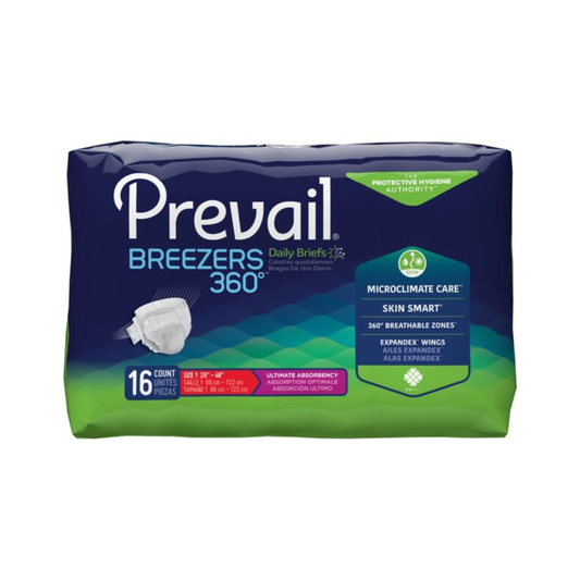 First Quality Prevail Breezers 360 Briefs - Ultimate Absorbency (FQPPVBNG012CA1, FQPPVBNG013) on a white background
