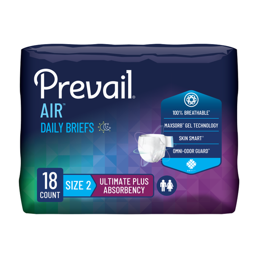 First Quality Prevail 360 Air Plus Adult Daily Briefs With Tabs (FQPPVBNG012CA1, FQPPVBNG013) on a white background