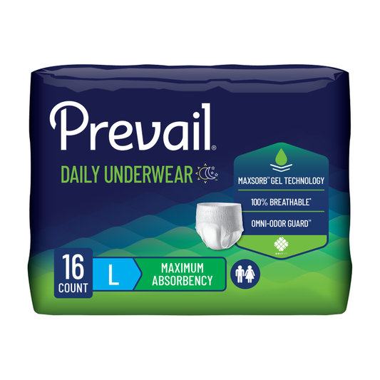 First Quality Prevail Protective Underwear - Maximum Absorbency - Unisex - White (FQPPVS512, FQPPVS513) on a white background