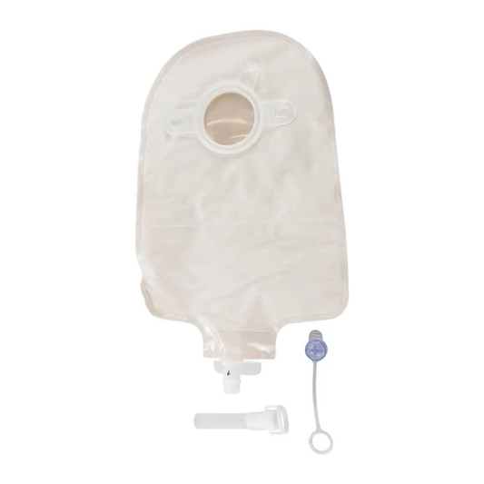 Securi-T two-piece urostomy pouch with Flip-Flow valve on a white background