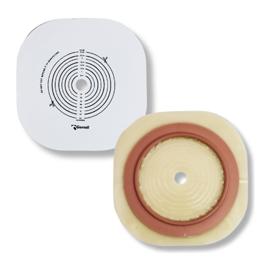 Gentell ostomy wafer with non-adhesive support, GEN-750 family; 45, 57, and 70 mm options.