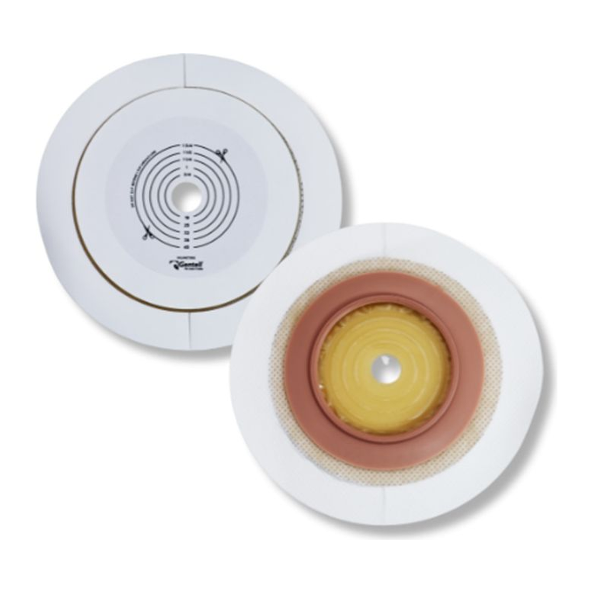 Gentell two-piece ostomy wafer with adhesive, GEN-5700 family; 45, 57, and 70 mm options.