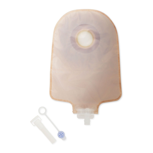 Hollister Premier one-piece ultra-clear urostomy pouch, model 8487, on a white background