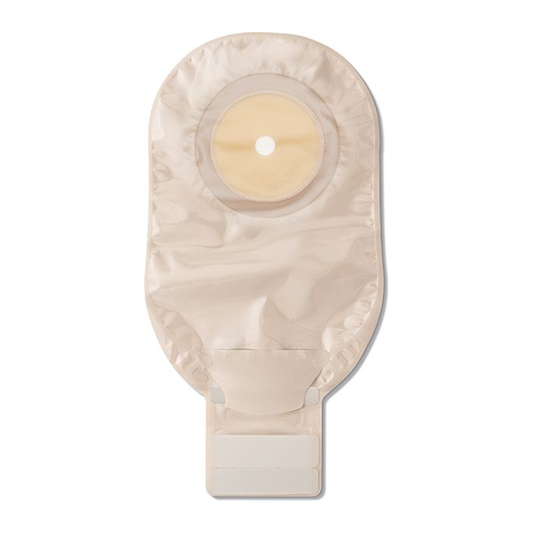 Hollister CeraPlus one-piece flat drainable ultra-clear pouch with adhesive border on white