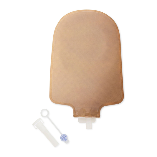 Hollister Premier one-piece convex Flextend beige pre-sized urostomy pouch on a white background. Representative product view; opening markings vary by selected size.