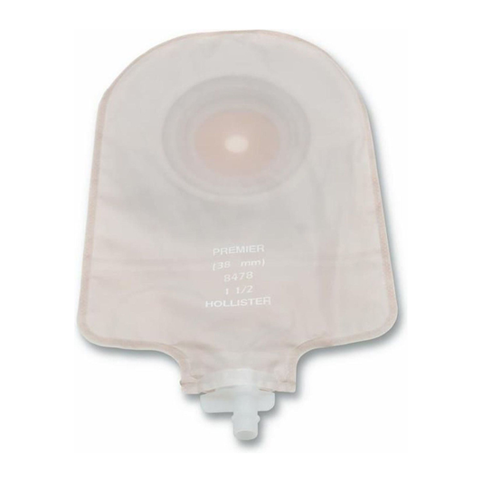 Hollister Premier one-piece convex Flextend transparent cut-to-fit urostomy pouch on a white background. Representative product view; opening markings vary by selected size.