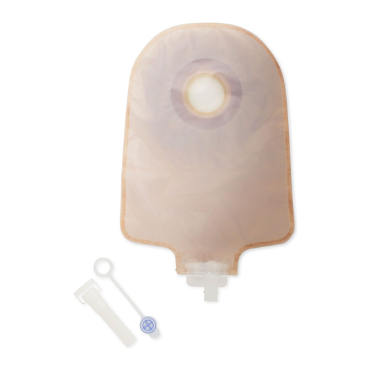 Hollister Premier one-piece convex Flextend transparent pre-sized urostomy pouch on a white background. Representative product view; opening markings vary by selected size.