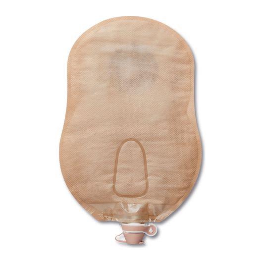 Hollister Premier enhanced-design beige convex Flextend one-piece urostomy pouch; representative family view for cut-to-fit and pre-sized openings.