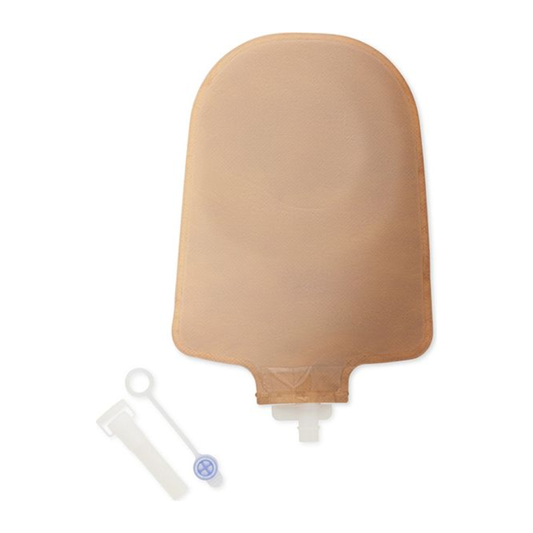 Hollister Premier flat Flextend beige one-piece urostomy pouch, front family view.