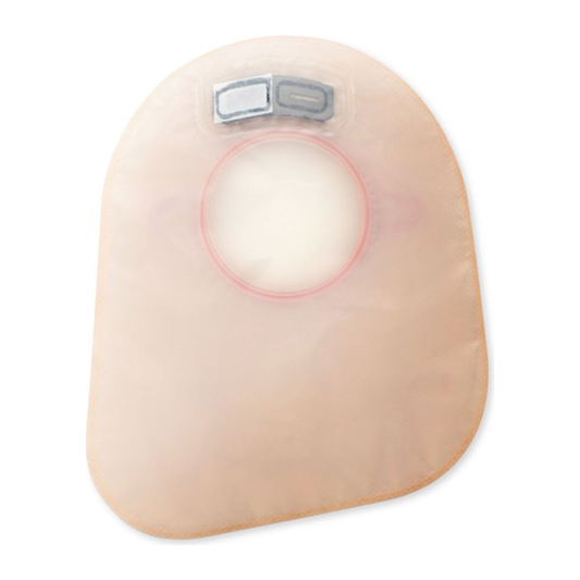 Hollister New Image two-piece closed mini ostomy pouch, beige with AF300 filter; flange size varies by SKU.