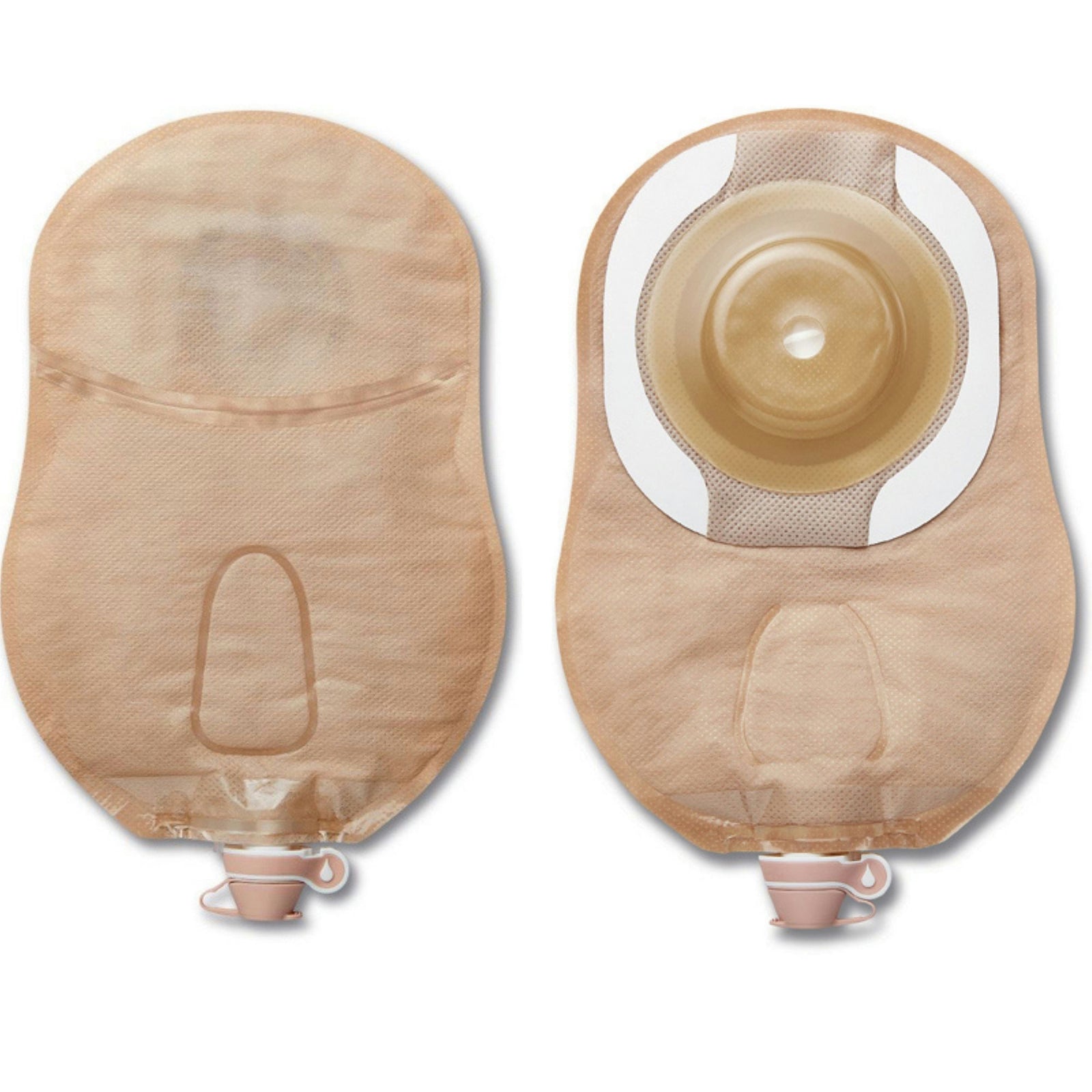 Hollister CeraPlus Soft Convex one-piece ultra-clear urostomy pouch, front and reverse views, on white