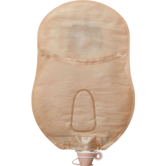 Hollister CeraPlus Soft Convex one-piece beige urostomy pouch with viewing option, reverse view, on white