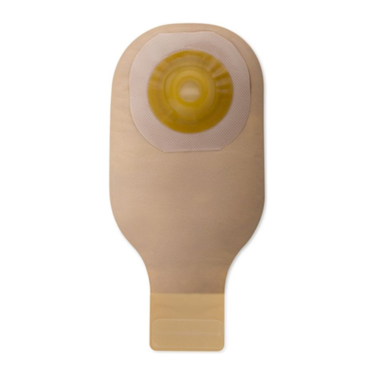 Hollister one-piece drainable pouch with beige convex Flextend pre-cut barrier, HLL8596 and HLL8597 family.