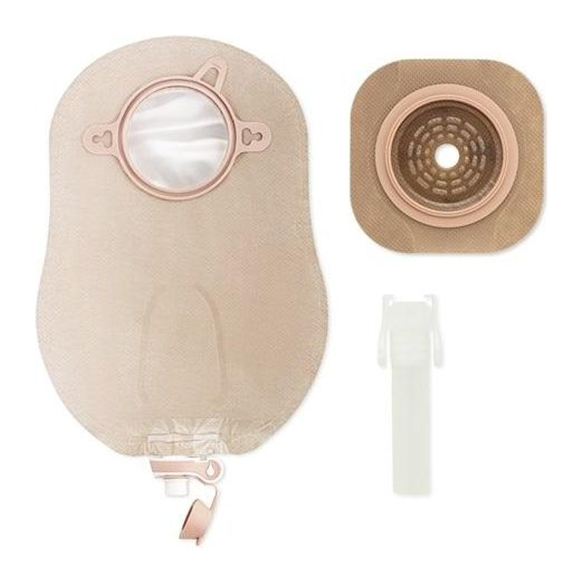Hollister New Image two-piece drainable ostomy kit with flat CeraPlus barrier, ultra-clear clamp-closure pouch, and curved beige clamp; select flange size.