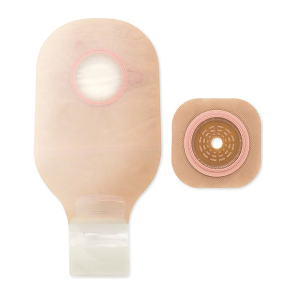 Hollister New Image two-piece drainable ostomy kit with flat CeraPlus barrier and ultra-clear Lock 'n Roll pouch; select flange size.