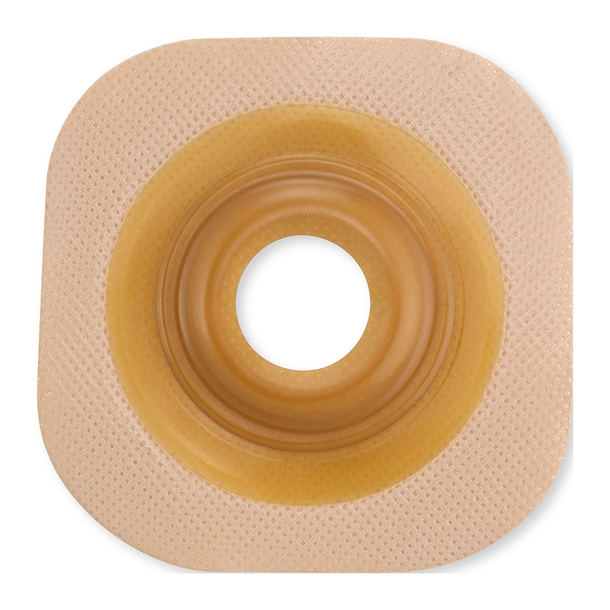 Hollister New Image convex Flextend upgraded pre-sized skin barrier with tape, skin-facing view.