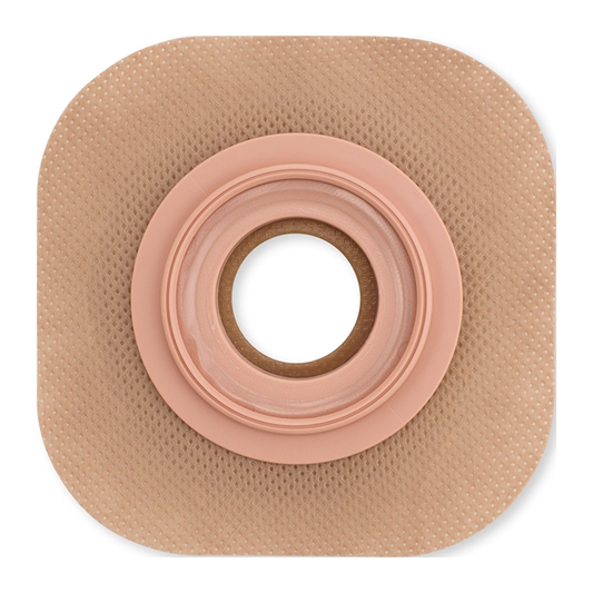 Hollister New Image convex Flextend upgraded pre-sized skin barrier with tape, front view.