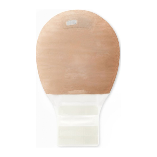 Hollister New Image two-piece drainable mini transparent ostomy pouch 18292, exact back view on white; flange size varies by selected SKU