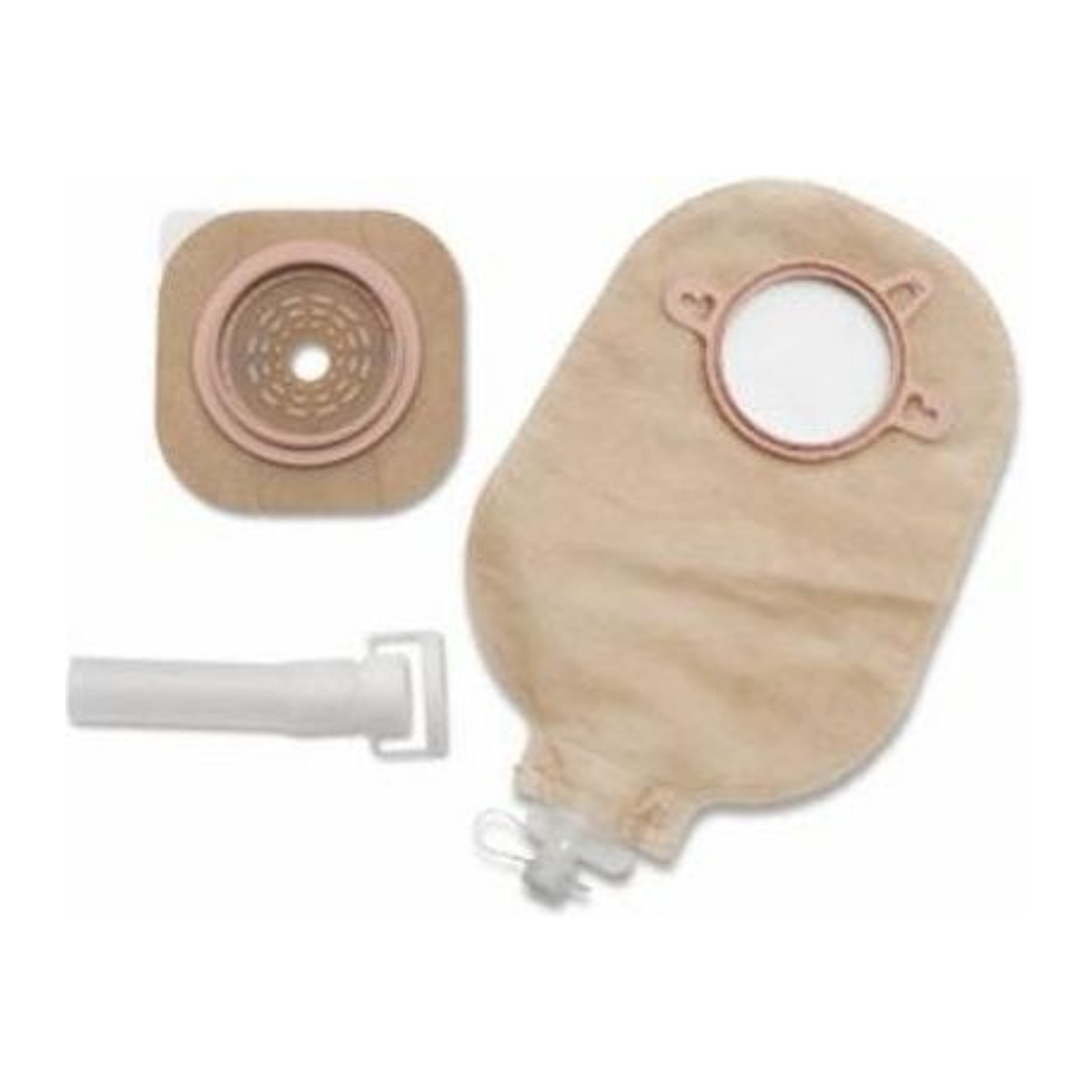 Hollister New Image two-piece urostomy kit with flat Flextend barrier, ultra-clear urostomy pouch, and drain-tube adapter; select flange size, tape option, and sterility.