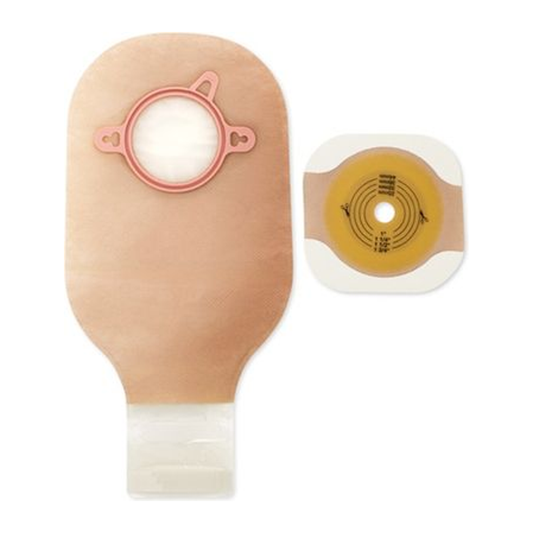 Hollister New Image two-piece drainable ostomy kit with flat FlexWear barrier and Lock 'n Roll Microseal pouch; select flange size, sterility, and tape configuration.