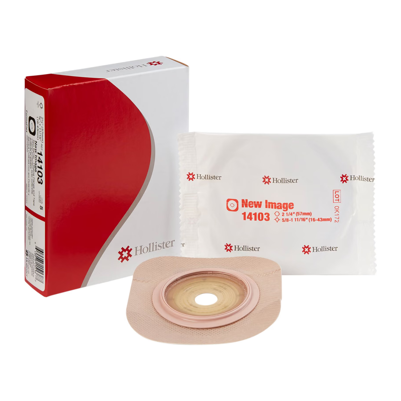 Hollister New Image FormaFlex flat skin barrier, 57 mm red flange, item 14103, box of 5