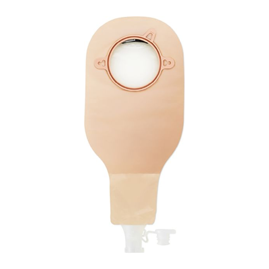 Hollister New Image two-piece high-output drainable ostomy pouch with integrated AF300 filter and wide-bore tap; select flange size.