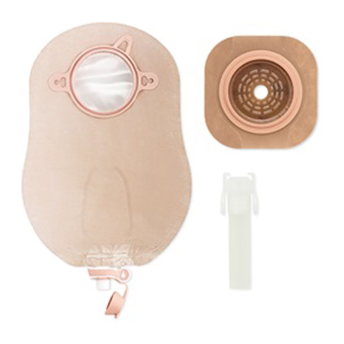 Hollister New Image two-piece urostomy kit with CeraPlus flat tape-border skin barrier, ultra-clear pouch, and adapter, model 19904.