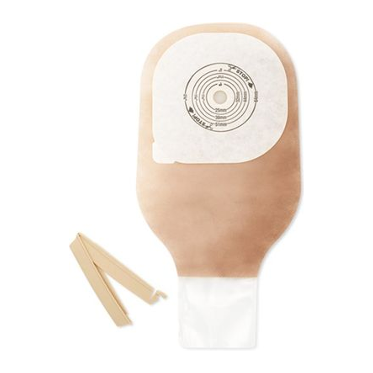 Hollister 89002 one-piece drainable ostomy kit with flat SoftFlex barrier and separate beige clamp closure.