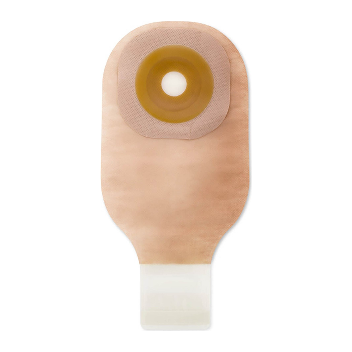 Hollister Premier convex Flextend one-piece ultra-clear drainable ostomy pouch with clamp closure, representative back view on white; opening size varies by selected SKU