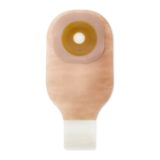 Hollister Premier convex Flextend one-piece ultra-clear drainable ostomy pouch with clamp closure, representative back view on white; opening size varies by selected SKU