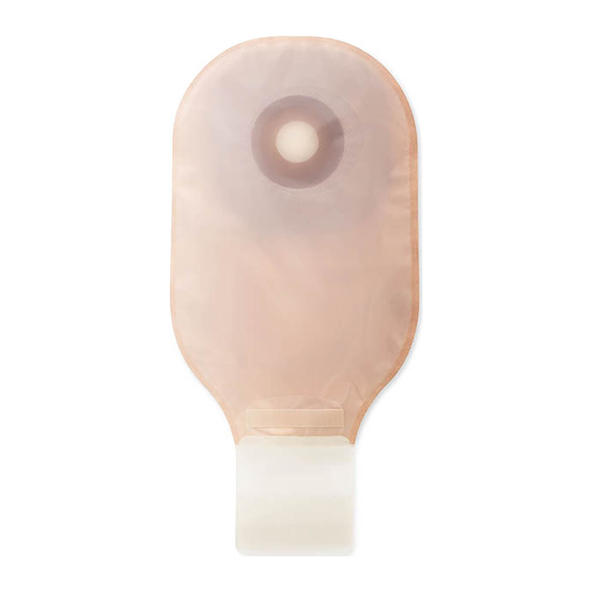 Hollister Premier convex Flextend one-piece ultra-clear drainable ostomy pouch with clamp closure, representative front view on white; opening size varies by selected SKU